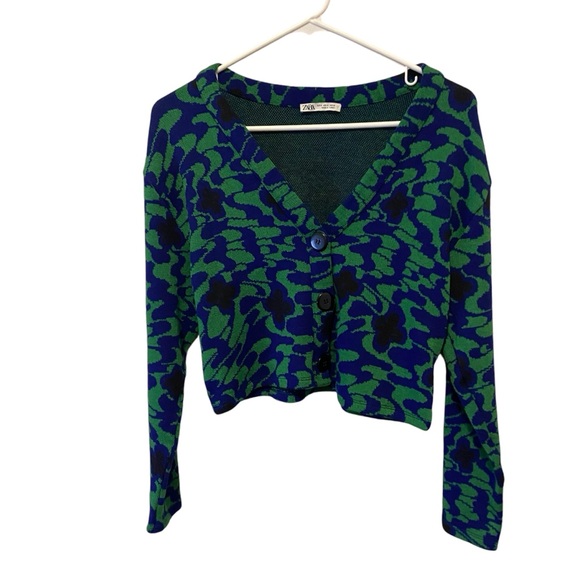 Zara Womens Blue and Green Button Up Floral Jacquard V- Neck Cardigan Small - Picture 2 of 7
